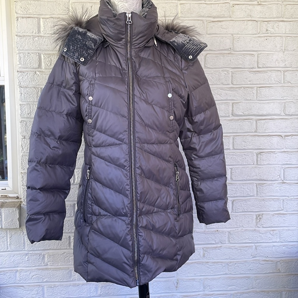 Marc New York Metal Grey Parka Coat Shirley Hooded Faux Fur Trim